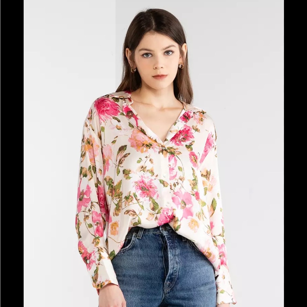 Zara Satin Effect Floral Button Down Shirt